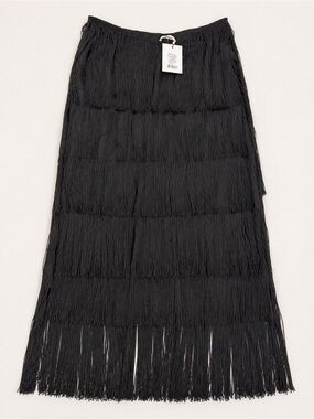 Showpo Amalee Black Fringe Tassel Midi Skirt NWT Size 12